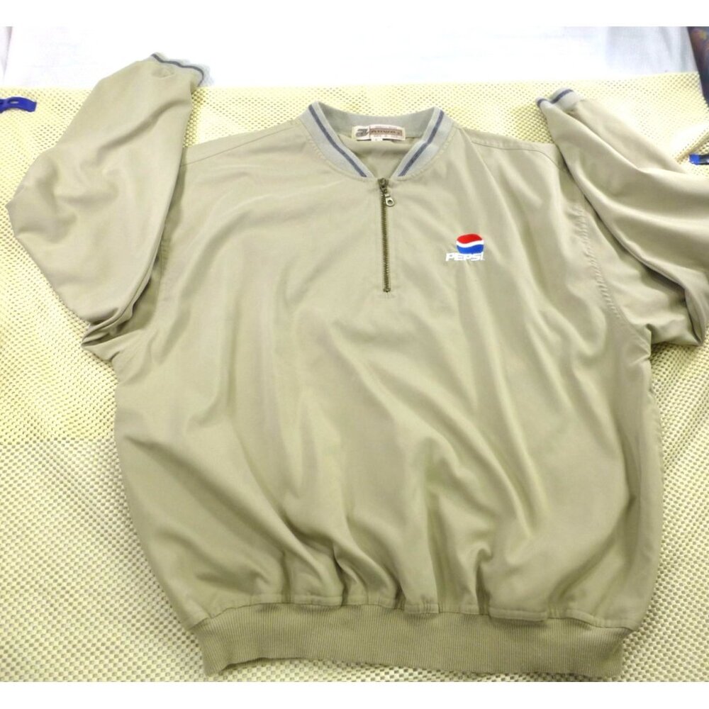 Vintage Akwa Pepsi Beige Pullover Jacket‎ Large USA Made Microfiber Ribbed Trim